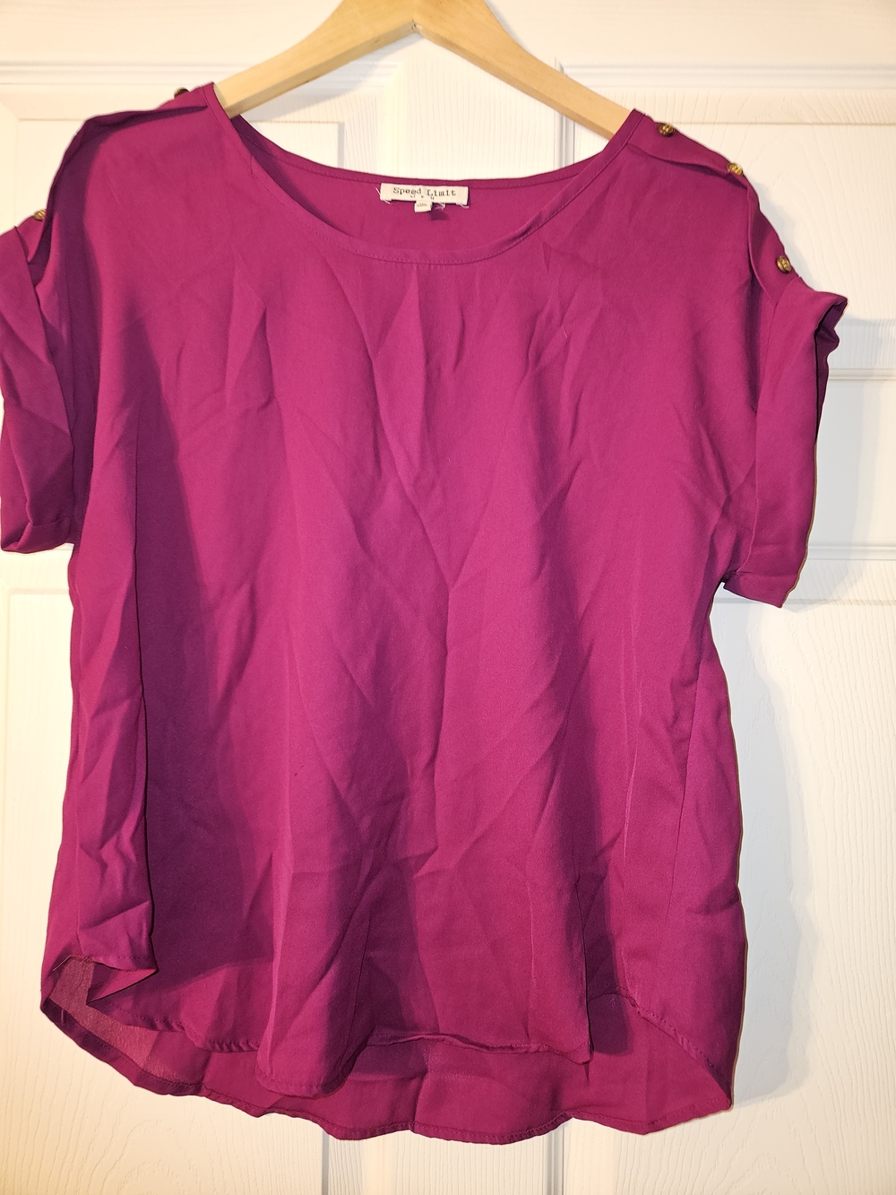 Bright Fuchsia Short Sleeve Blouse with Gold Shoulder Buttons
